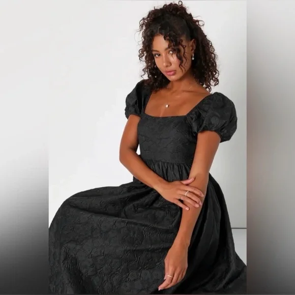 Lulus NWT “Adorable Mood” Black Floral Jacquard Puff Sleeve Babydoll Dress Large - Picture 15 of 16